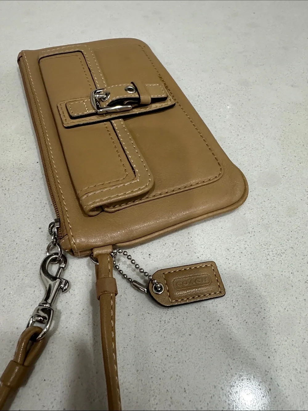 Coach Tan Leather Wristlet with Front Buckle